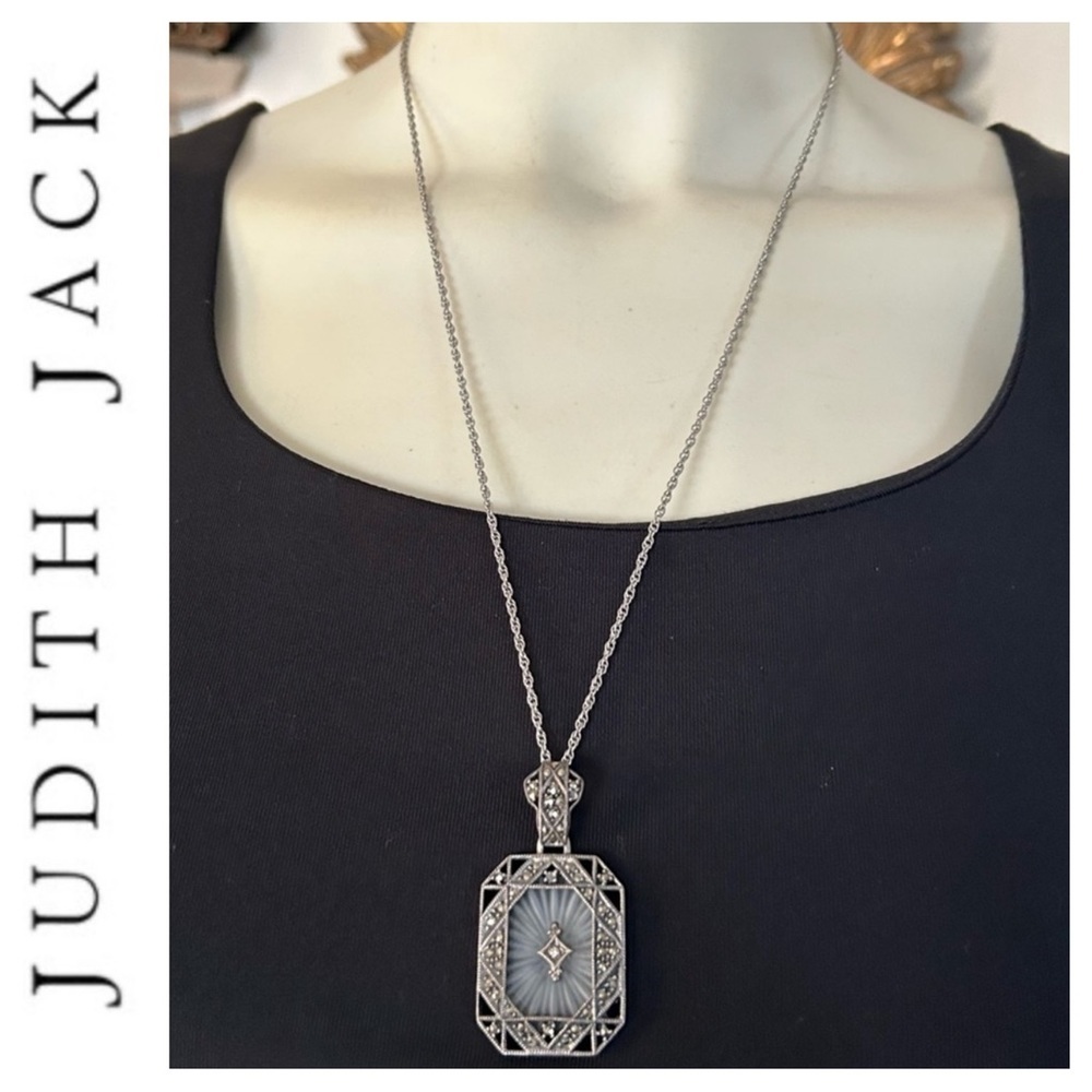 VTG Art Deco DIAMOND Camphor Glass STERLING SILVER Marcasite Pendant Necklace